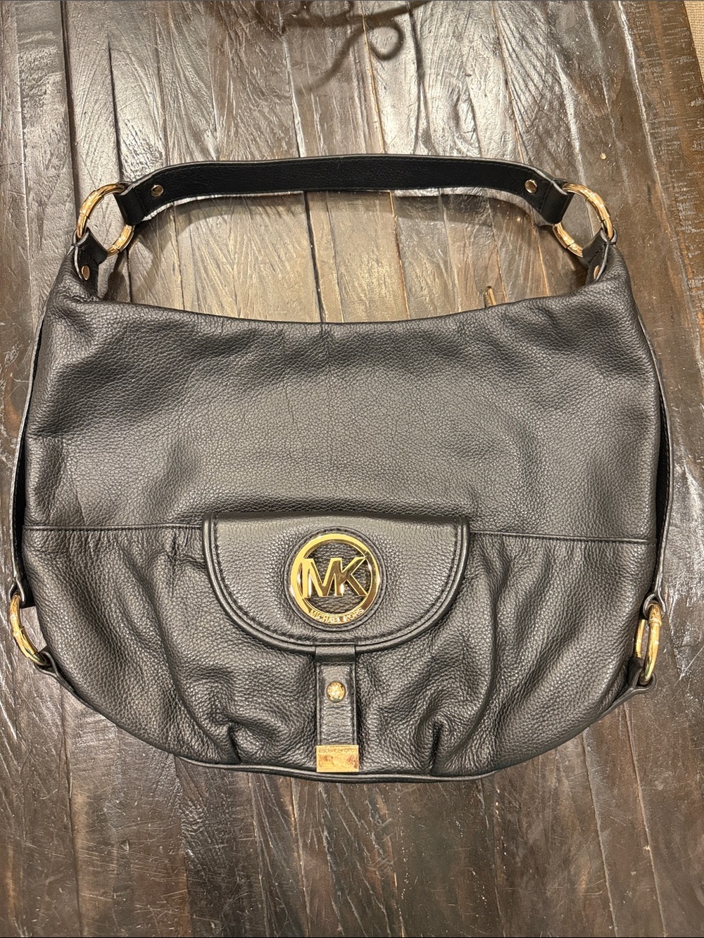 Michael Kors Black Leather Shoulder Bag with Gold Hardware